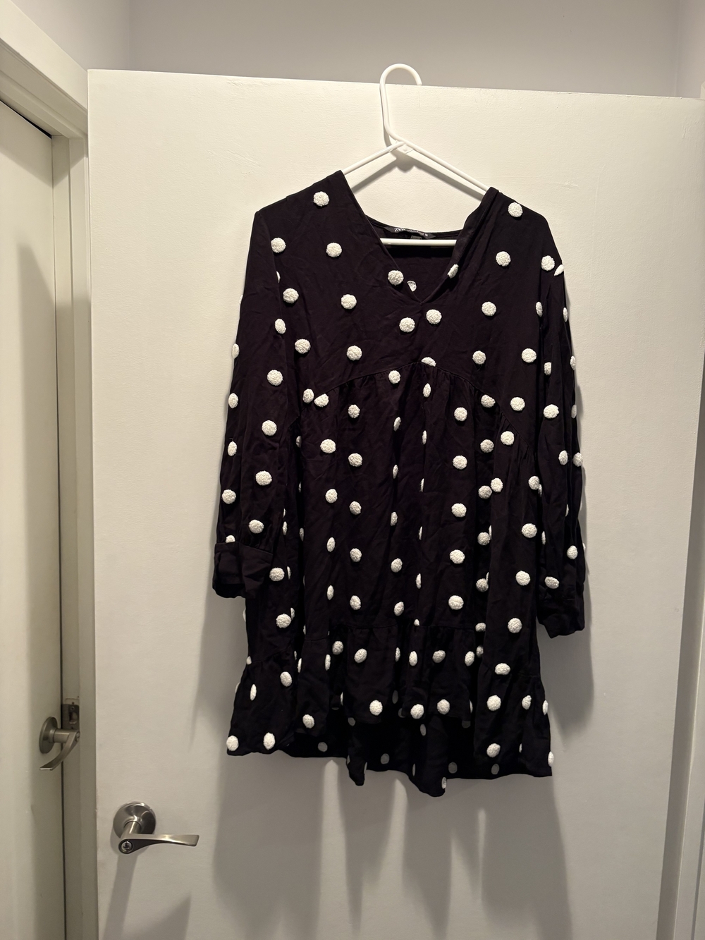 Zara Black Dress with White Pom-Pom Accents